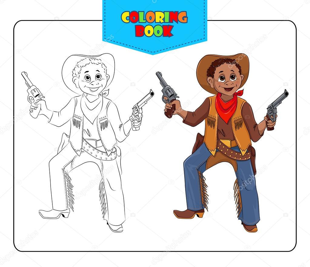 Petit gar§on en costume de carnaval Cowboy Livre de coloriage — Image vectorielle