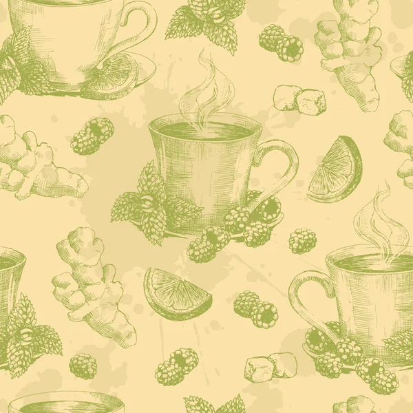 Taza de té verde con menta de jengibre y limón sin costuras — Archivo Imágenes Vectoriales