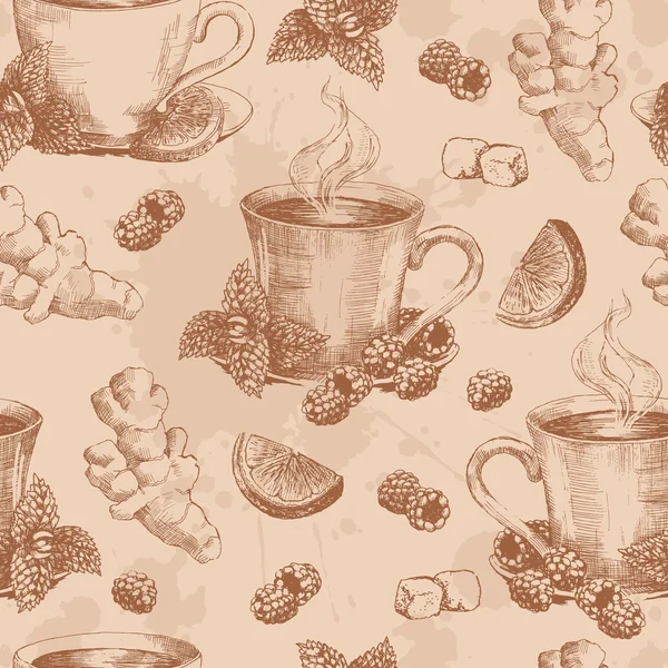 Taza de té con menta de jengibre y limón sin costuras — Archivo Imágenes Vectoriales
