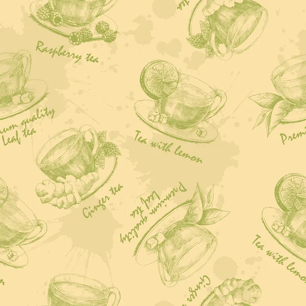 Taza dibujada a mano de té verde sin costuras — Archivo Imágenes Vectoriales