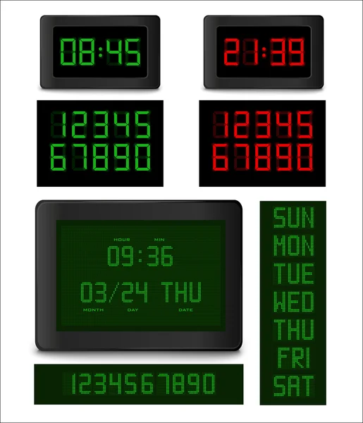 Elektronische Uhr mit digitalen Ziffern und Daten — Stockvektor