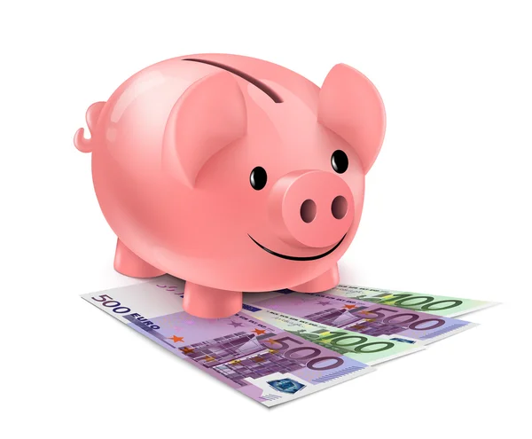 Piggy bank en fan van eurobankbiljetten — Stockvector