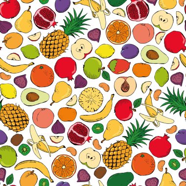 Renkli meyveler beyaz arka planda dikişsiz doodle