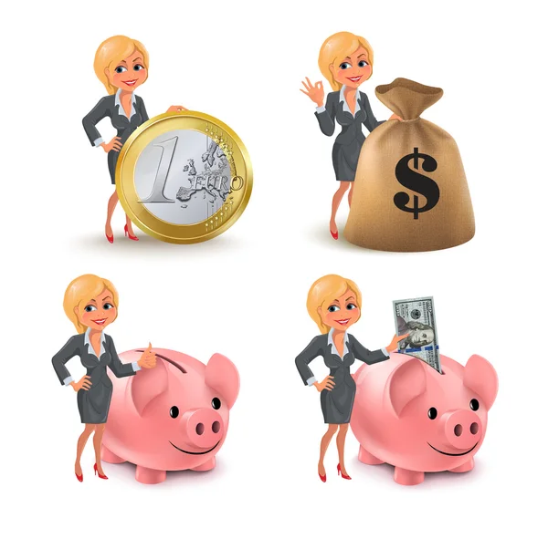 Cartoon blond Business vrouw geld instellen — Stockvector