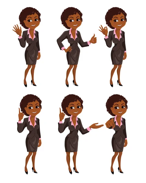 Cartoon African American business woman gestures set — Stock Vector