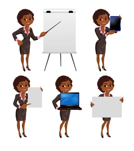 Cartoon African American business vrouw presentatie set 2 — Stockvector