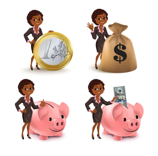 Cartoon African American business vrouw geld set — Stockvector