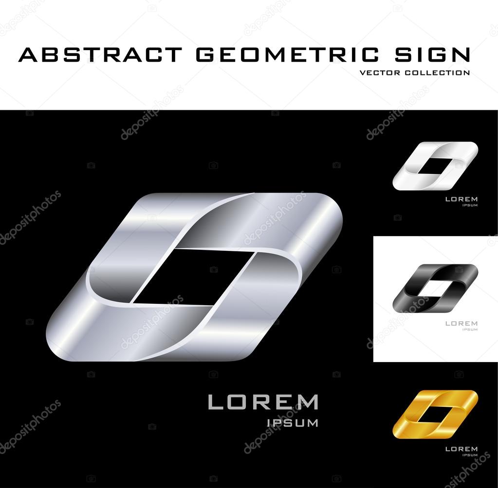 Geometrical sign logo design template black white gold silver. Set of corporate icon such as logotype. Infinite loop ribbon forming quadrangle. Vector