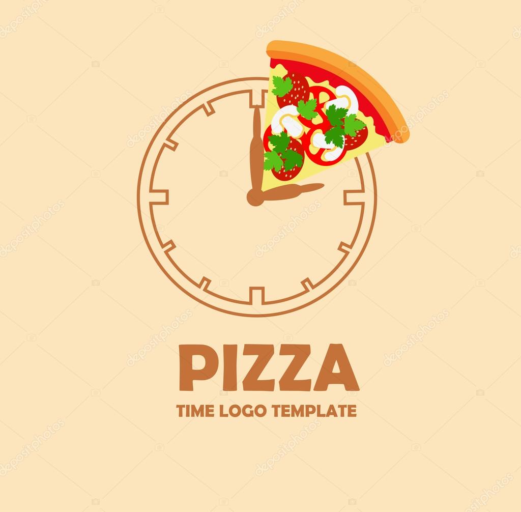 Pizza logo design template. Corporate icon such as logotype. Pizza slice on the graphic stylized clock. Vector