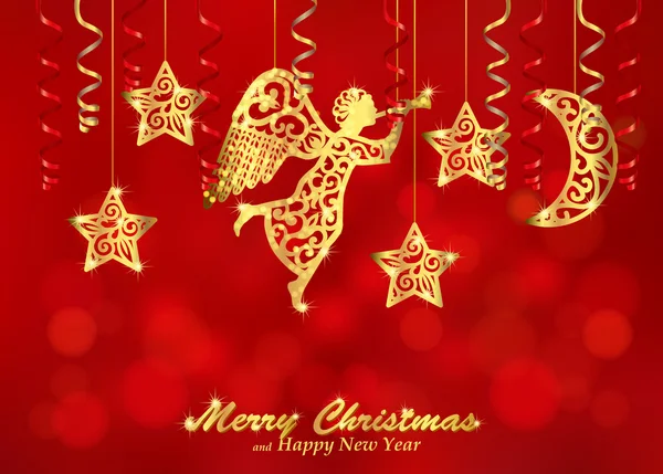 Holiday red background with golden figures of angel, stars and m — Stockvector