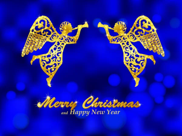 Merry Christmas blue background with golden angels — Wektor stockowy