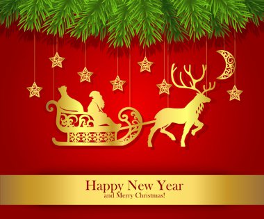 New Year greeting card with gold silhouette of Santa Claus