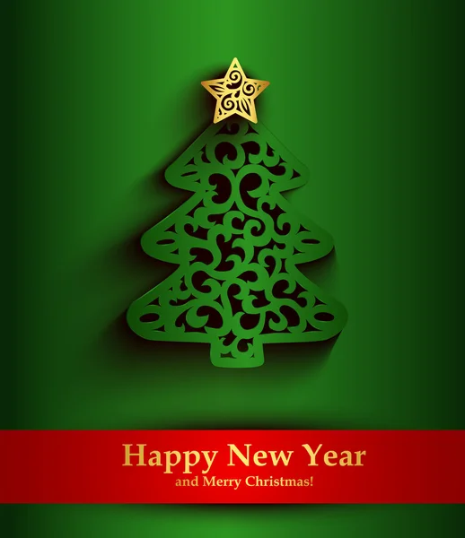 New Year green greeting card with silhouette of Christmas tree — Stockvector