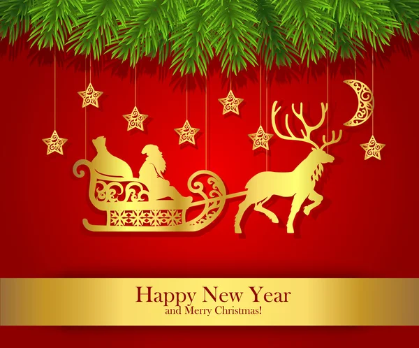 New Year greeting card with gold silhouette of Santa Claus — ストックベクタ