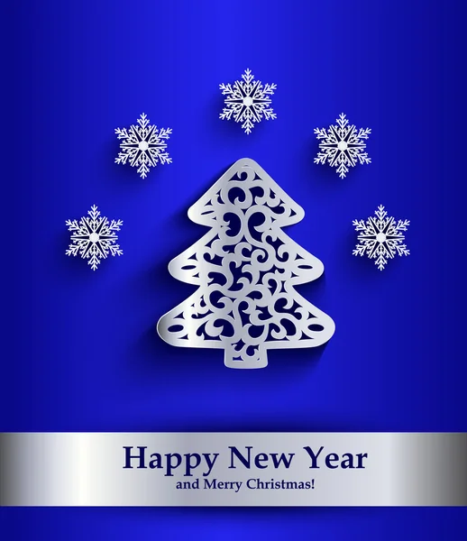 New Year greeting card with silver silhouette of Christmas tree — Stockvector