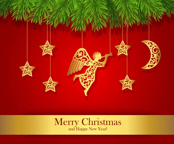 Red Christmas greeting card decorated with gold angel — Stockvector