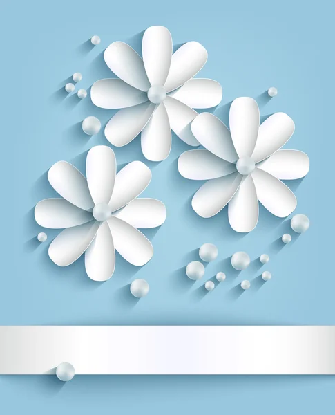 Fundo azul com flores de papel e pérolas — Vetor de Stock