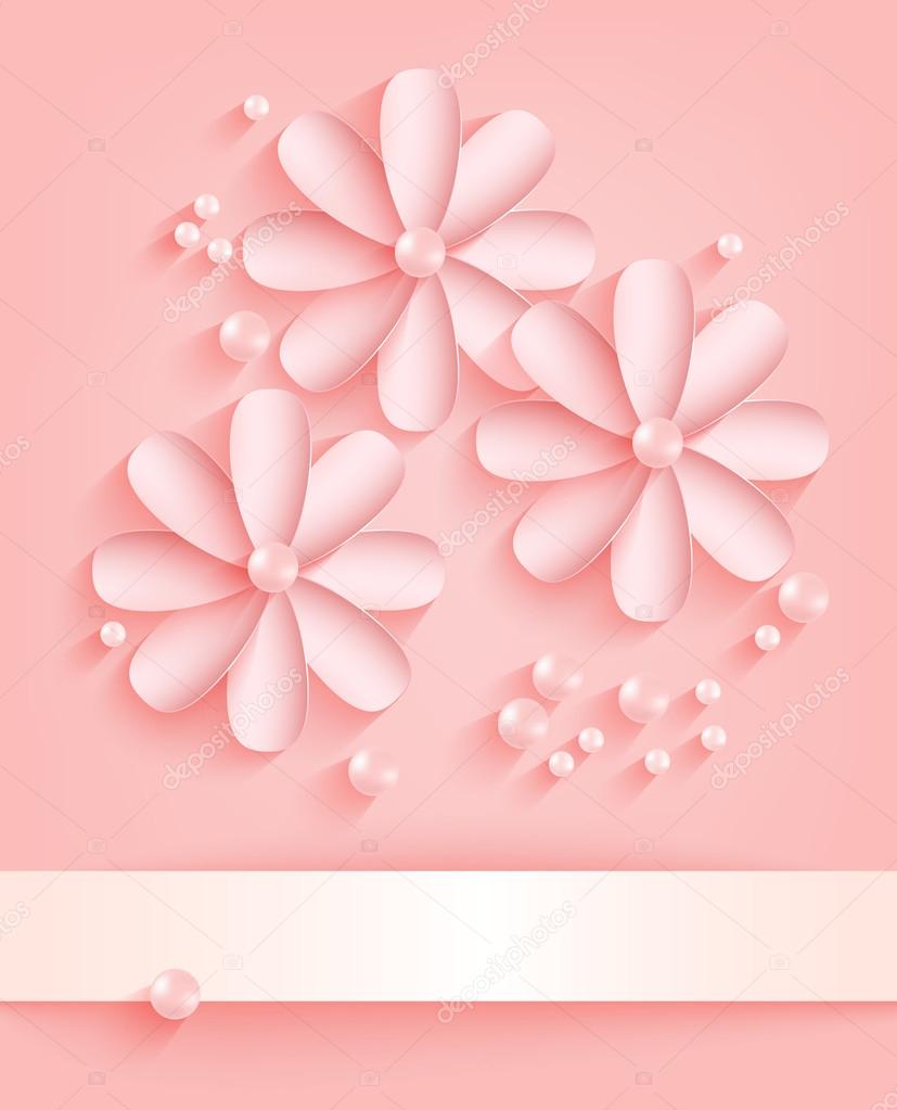 Pink background with paper flowers and pearls
