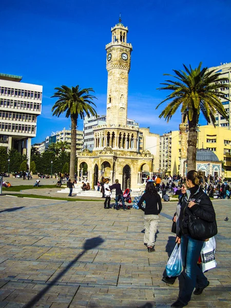 Saat kulesi tarihi kare palmiye ağaçları mavi gökyüzü