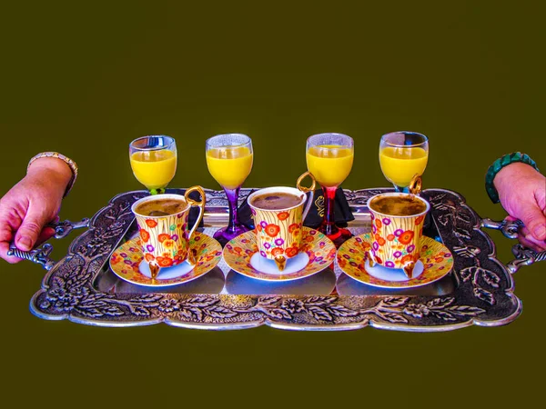 Trzy Filiżanki Likierów Cofee Catering Dla Gości — Zdjęcie stockowe
