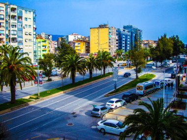 Bulvar şehri Wiev asfalt palmiye ağaçları apartmanlar arabalar