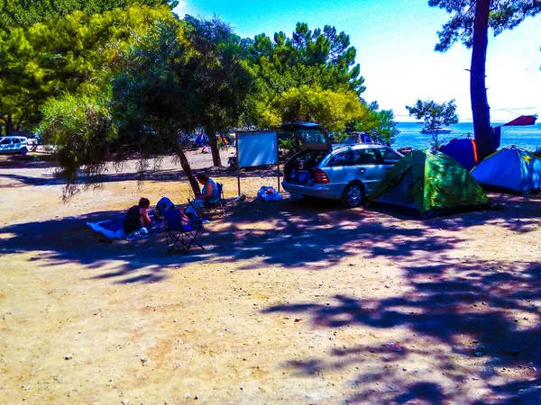 Campamento Tienda Thill Bosque Verde Árboles Aire Libre Remolque —  Fotos de Stock