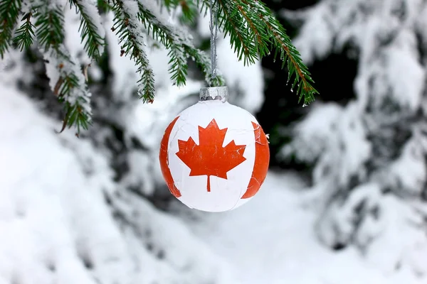 圣诞舞会的旗子上挂着加拿大的标志 装饰着雪树 免版税图库照片