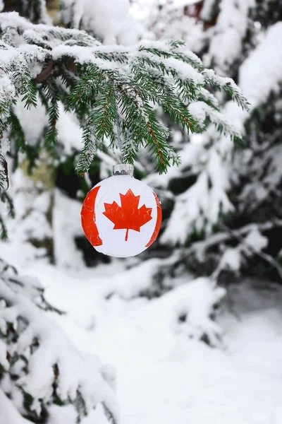 Christmas Ball Canadian Symbol Flag Decorates Snow Tree — Stock Photo, Image