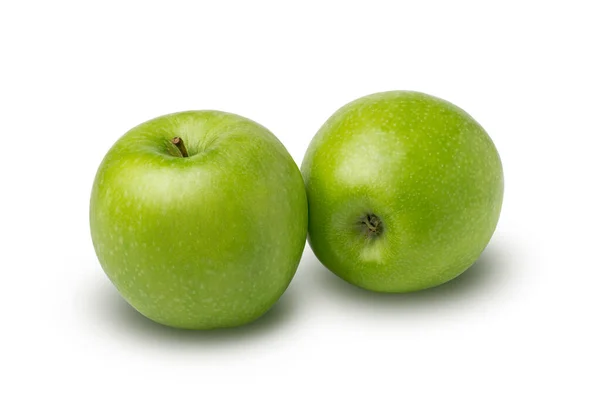 Dos Frutas Manzana Verde Maduras Aisladas Sobre Fondo Blanco Con — Foto de Stock