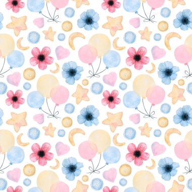 Çiçeklerin suluboya elementleri, balonlar, yıldızlar ve dikişli ay ve tasarım için farklı düğmeleri olan kusursuz desenler. Hepsi elle boyanmış, yüksek çözünürlüklü.