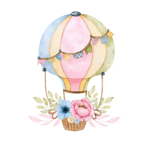 Watercolor balloon with peonies and beautiful flowers, twigs with pink and green leaves, garland with flags and buttons for design. All hand-painted, high resolution