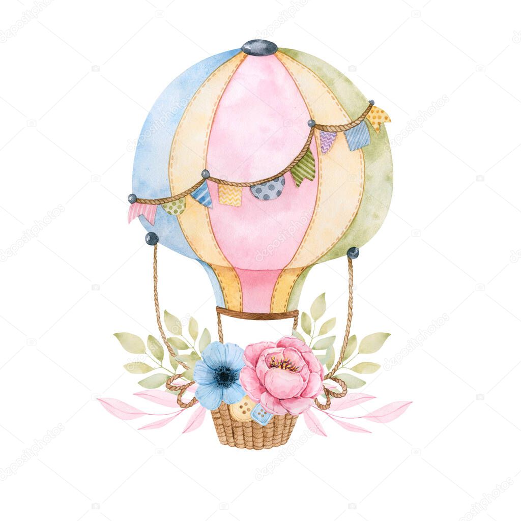 Watercolor balloon with peonies and beautiful flowers, twigs with pink and green leaves, garland with flags and buttons for design. All hand-painted, high resolution