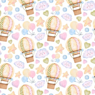Suluboya elementleri, balonlar, bulutlar, tasarım için çeşitli düğmeler ve yıldızlarla kusursuz desenler. Yüksek çözünürlüklü elle çizilmiş