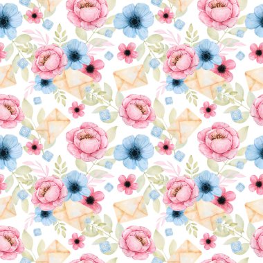 Narin şakayık, şakayık, düğme, kağıt zarf ve dizayn için farklı dalların suluboya unsurlarıyla kusursuz bir desen. Yüksek çözünürlüklü elle çizilmiş