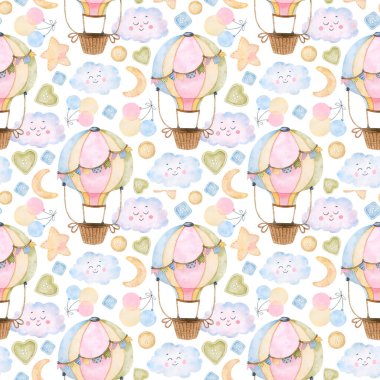 Tasarım için suluboya elementleri, balonlar, ay, bulutlar, düğmeler ve yıldızlar olan güzel bir arka plan. Yüksek çözünürlüklü elle çizilmiş