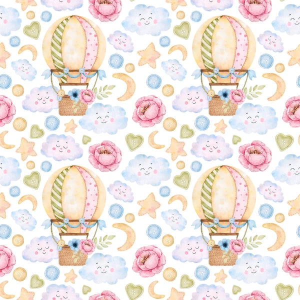 Suluboya elementleri, balonlar, ay, şakayıklar, bulutlar, düğmeler ve dizayn için yıldızlar olan güzel bir arka plan. Yüksek çözünürlüklü elle çizilmiş