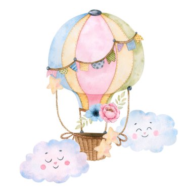 Şakayıklı ve güzel çiçekli suluboya sıcak hava balonu, pembe ve yeşil yapraklı dallar, kumaş yıldızlar ve dizayn için uyuyan bulutlar. Her şey elle boyanmış, yüksek çözünürlüklü.