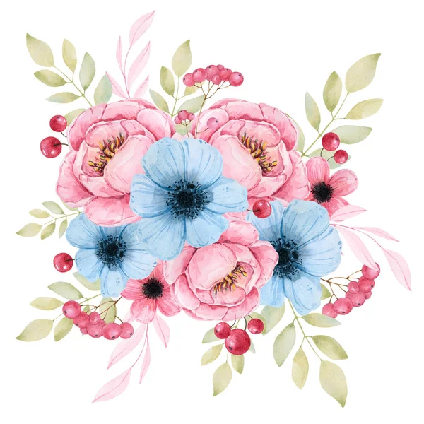 Şakayık, mavi çiçek, çeşitli dallar ve kırmızı böğürtlenlerden oluşan yüksek çözünürlüklü suluboya karışımı. Kartpostal, logo, kartvizit ve dekorasyon tasarımı için.