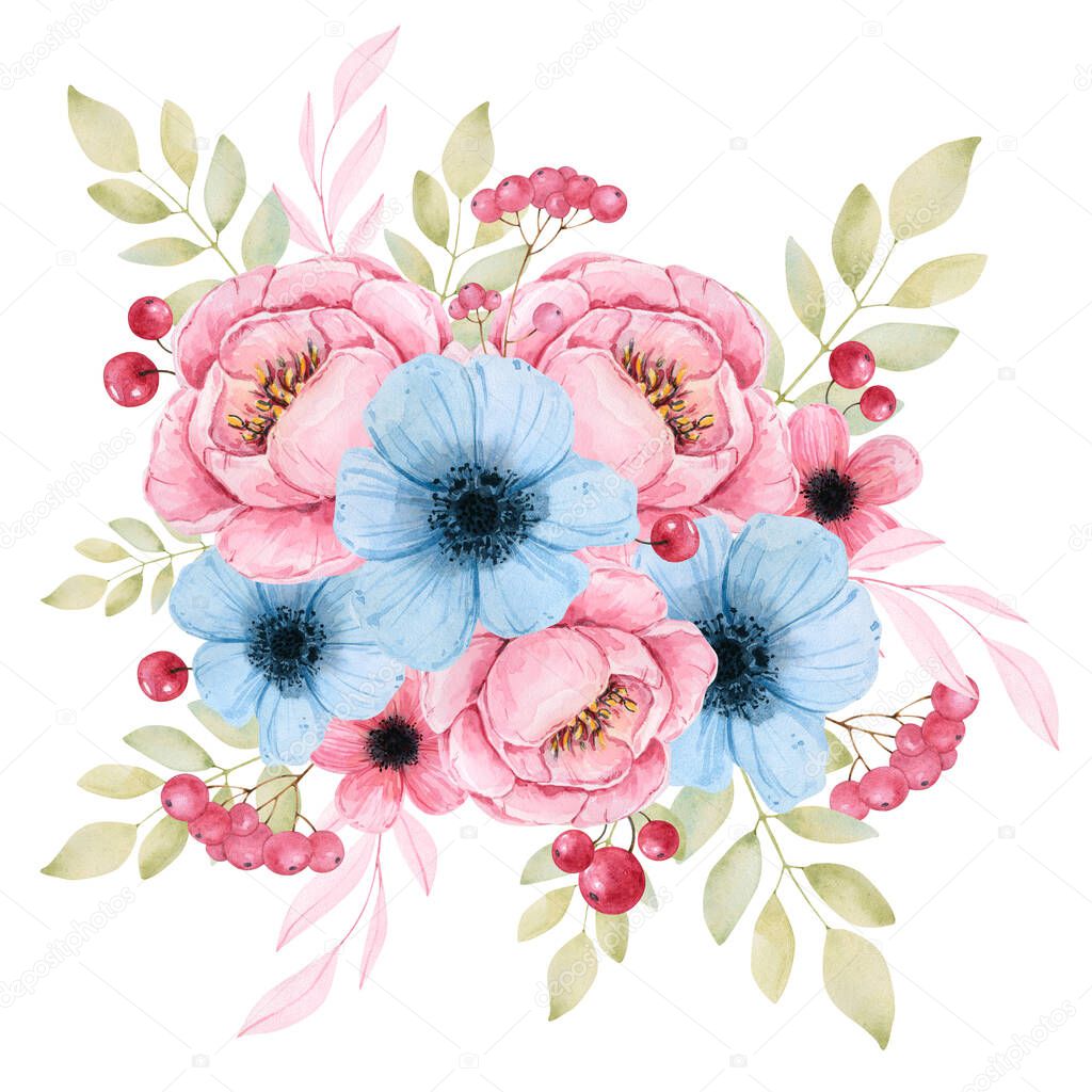 Delicate high-resolution watercolor composition of peonies, blue flowers, various twigs and red berries. For the design of postcards, logos, business cards and decoration