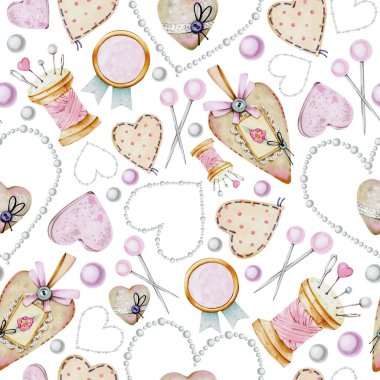 Boyalı dikiş parçaları, iğneler, antika oyuncaklar ve dekorlardan oluşan şirin bir desen. Çocuk kıyafetleri, kartpostallar, posterler, uygulamalar, çıkartmalar için ideal.