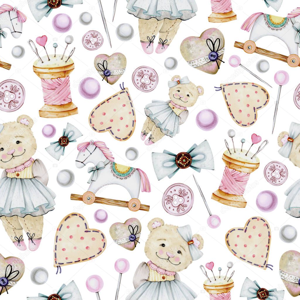 Cute pattern of drawn teddy bears, bunnies, sewing parts, pins, vintage toys and decor. Ideal for the design of children's clothing, cards, posters, appliques, stickers.