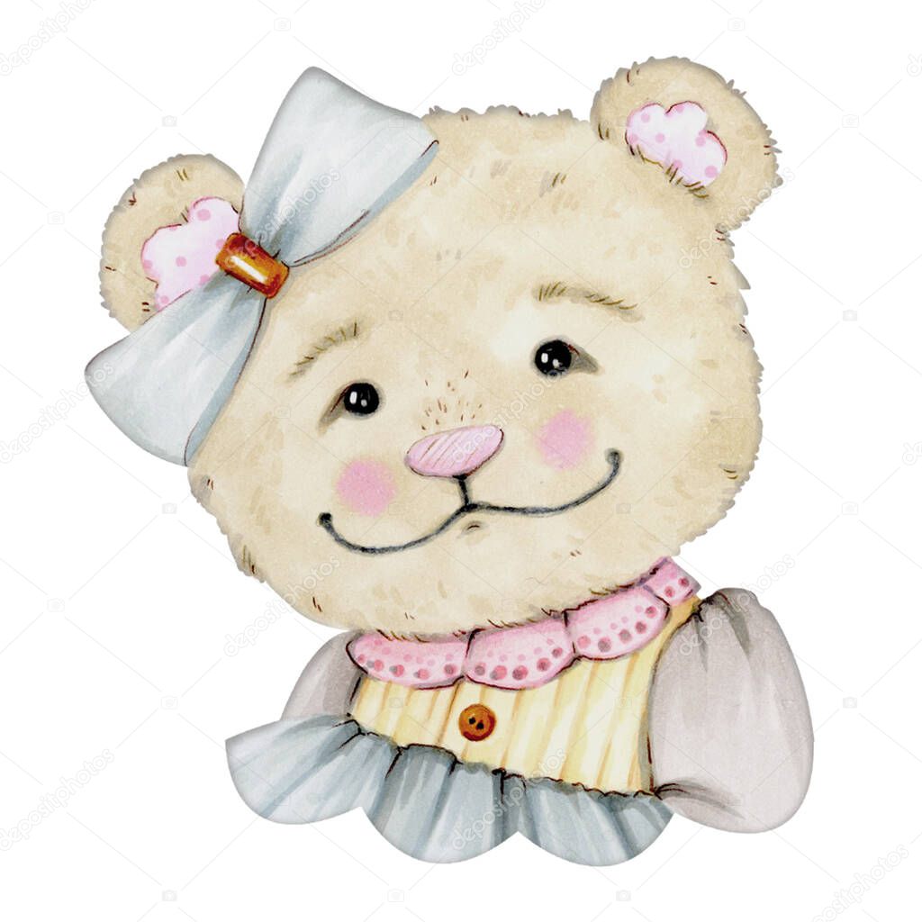 Hand-sewn cute teddy bear portrait in beige and blue with hand-drawn bowknot. Ideal for the design of children's clothing, postcards, posters, tests, appliques, stickers.