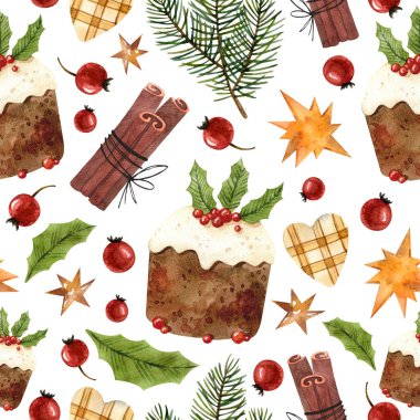 Şirin suluboya Noel pasta elementleri, kırmızı böğürtlen, tarçın çubukları, köknar dalları ve kafeslenmiş kalpler ve yeşil yapraklar.