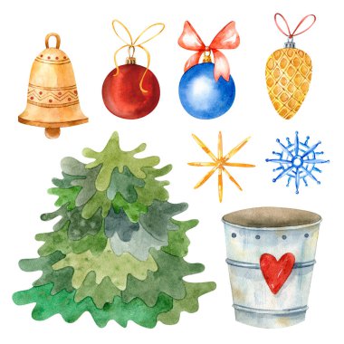 Daimi yeşil ladin suluboya elementleri, mavi, kırmızı ve altın renkli Noel topları, küçük desenli zil, kalp, yıldız ve kar tanesi şeklinde çiçek saksısı.