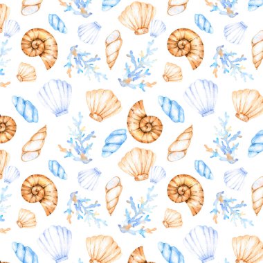 Tasarım ve dekorasyon için çok renkli deniz kabukları ve mercanlardan suluboya deniz deseni. Kartlar, posterler, kuponlar, bebek ürünleri, dekoratif kağıtlar ve her tasarım için harikadır..