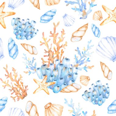 Deniz kabukları, mercanlar, bej ve mavi tonlarda deniz yıldızları kumaş, ambalaj kağıdı, tekstil, giysi ve tasarım için kusursuz desen.