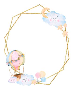 Sepetli suluboya balonlu altın çerçeve, kumaş yıldızı, düğmeler ve sevimli bulutlar. Davetiyeler, kartlar, selamlar, kuponlar ve her tasarım için harika..