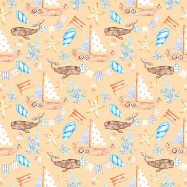 Renkli deniz kabukları, mercanlar, balinalar, denizyıldızları ve botlardan oluşan suluboya deniz desenleri bej üzerine tasarım ve dekorasyon için. Kartlar, posterler, kuponlar, bebek ürünleri, dekoratif kağıtlar ve her tasarım için harikadır..