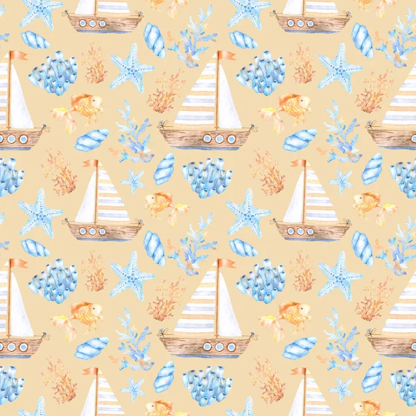 Watercolor marine pattern of colorful seashells,corals, fish, starfish and boats for design and decoration on beige. Great for cards, posters, coupons, baby products, decorative paper, and any design.