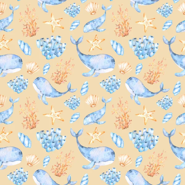 Watercolor marine pattern of multicolored seashells,starfish, multicolored corals and blue whales for design, decoration.Great for cards, posters,coupons,baby products,decorative paper and any design.